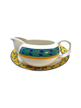 Royal Doulton Cabana Gravy Boat and Underplate Green Blue Yellow New